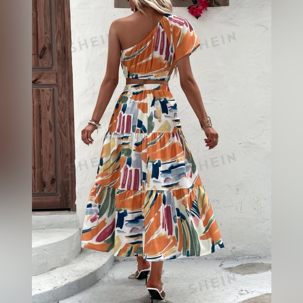 One shoulder top with long skirt set